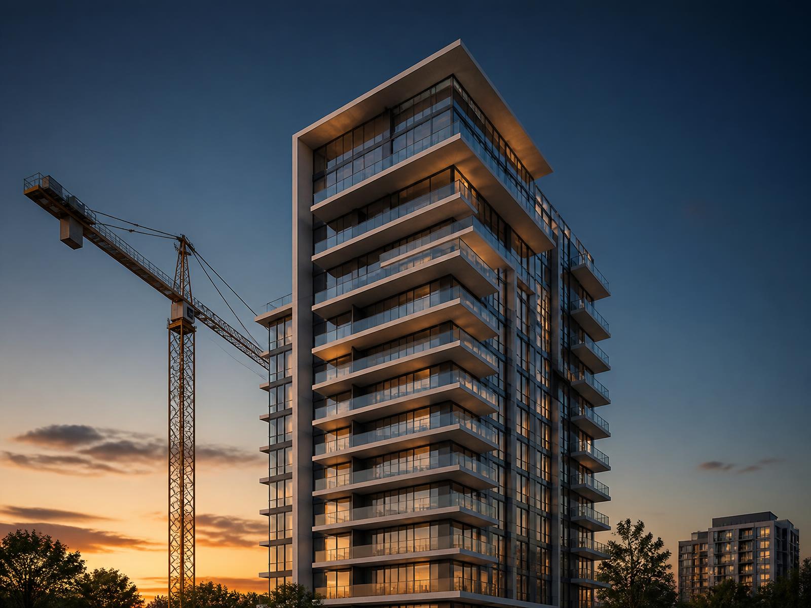 Torre residencial de alto padrão em fase final de obra, com guindaste ao entardecer